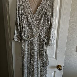 Eliza J Silver Sequin Wrap Jumpsuit